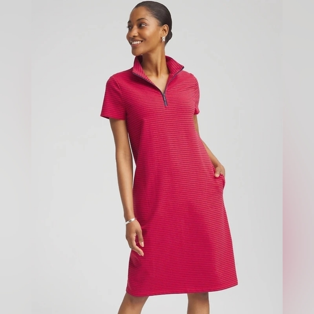 Chico's NWT Zenergy UPF Knit Zip Striped Dress Red Glow 570387482 2/L